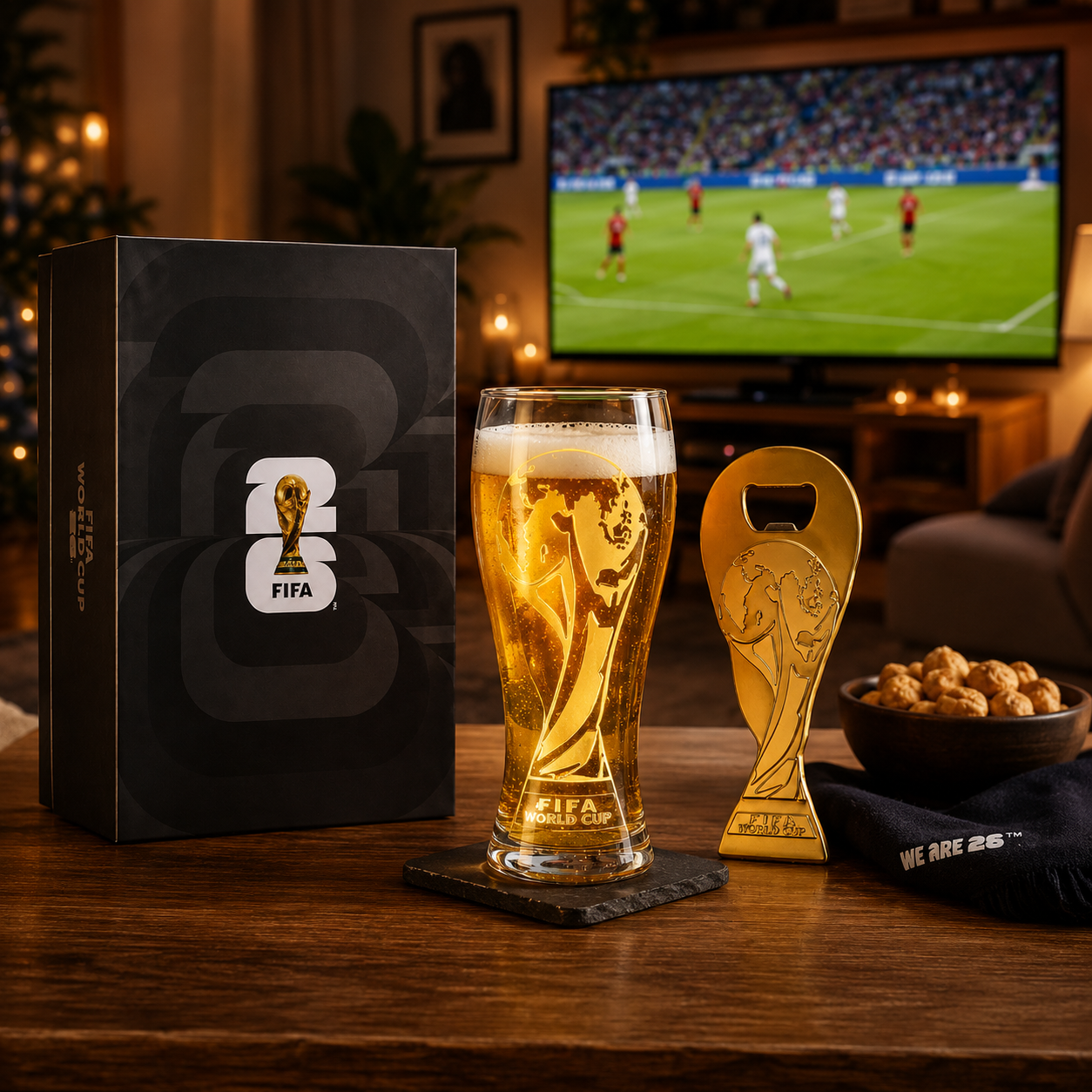 Official FIFA World Cup 2026 Pilsner Beer Glass & Trophy Bottle Opener