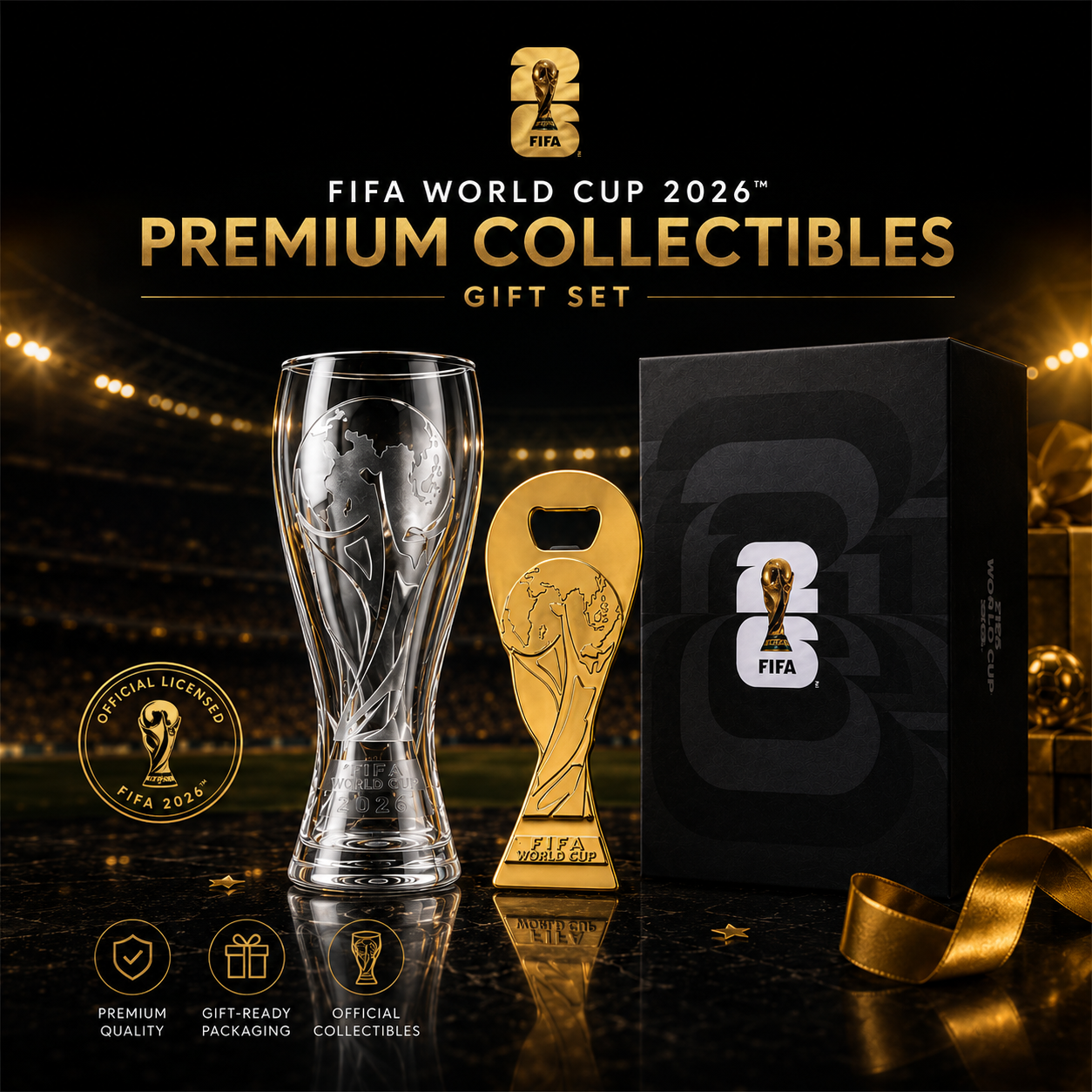 Official FIFA World Cup 2026 Pilsner Beer Glass & Trophy Bottle Opener